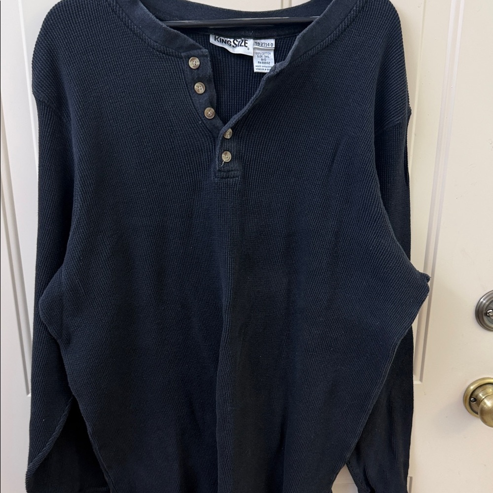King Size Men's Black Henley Thermal Sweatshirt